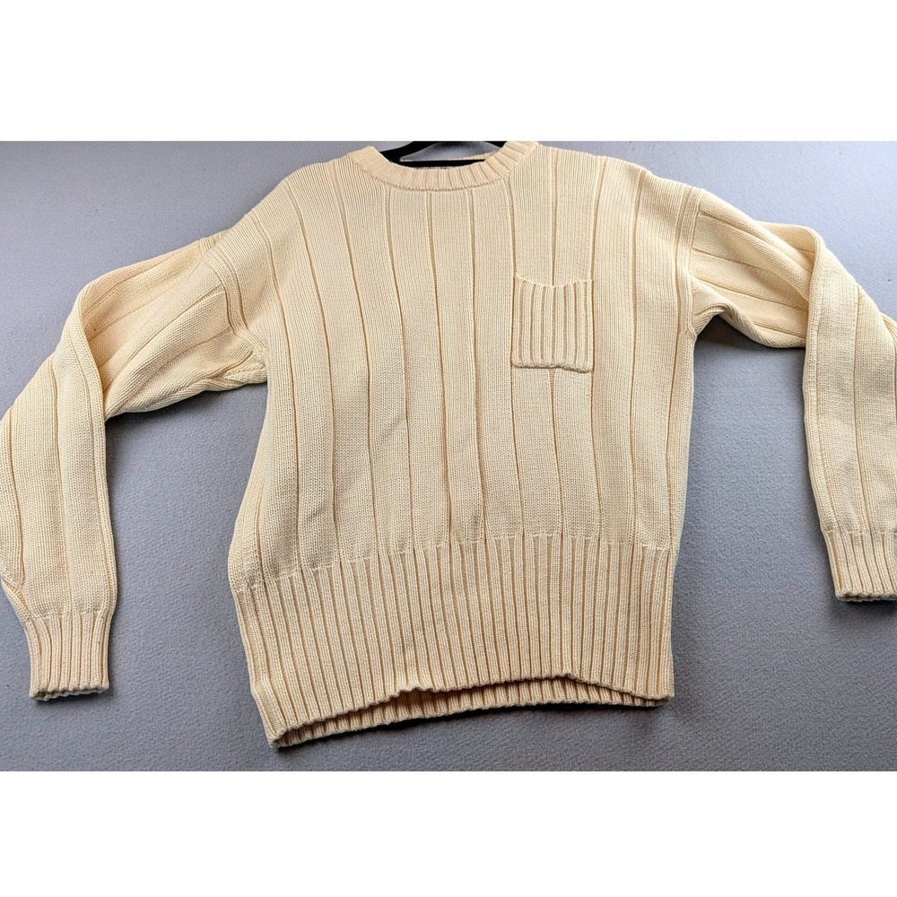 Lizsport Vintage Cream Cotton Ribbed Knit Crewneck Sweater Chest Pocket Womens M